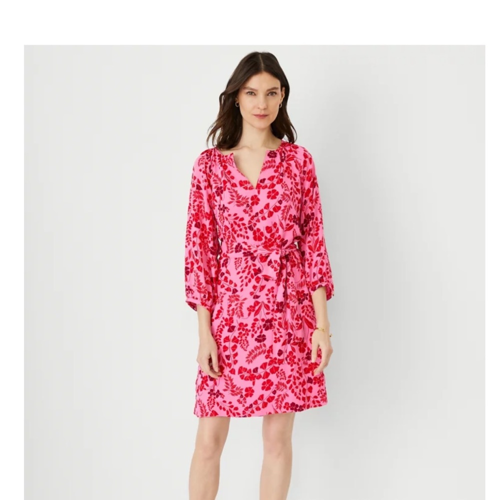 Ann Taylor Floral Puff Sleeve Belted Shift Dress